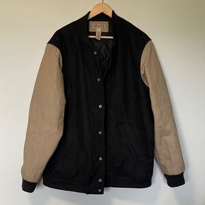 Duluth Trading Co Black Wool and Tan Canvas Workwear Sleeves Varsity Jacket